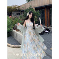 Oil Painting Print Embroidered Halter Dress, Seaside Vacation