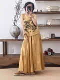 Women's Summer Artistic Retro Ramie Embroidered Loose Straight Leg Wide Leg Pants + T - Tank