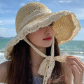 新款夏季百搭户外遮阳帽大帽檐渔夫帽便携防晒太阳帽蝴蝶结女士帽
