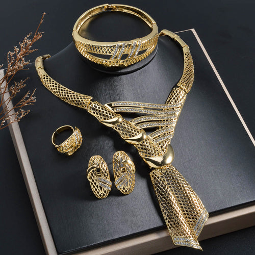 Overseas Middle East Coated 18K Gold Cutout Necklace Earrings Set Ring Bracelet Set Dubai Western Bride Wedding Jewelry
