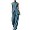 Fashion Elegant Sleeveless Drapey Shirt + Pants Set