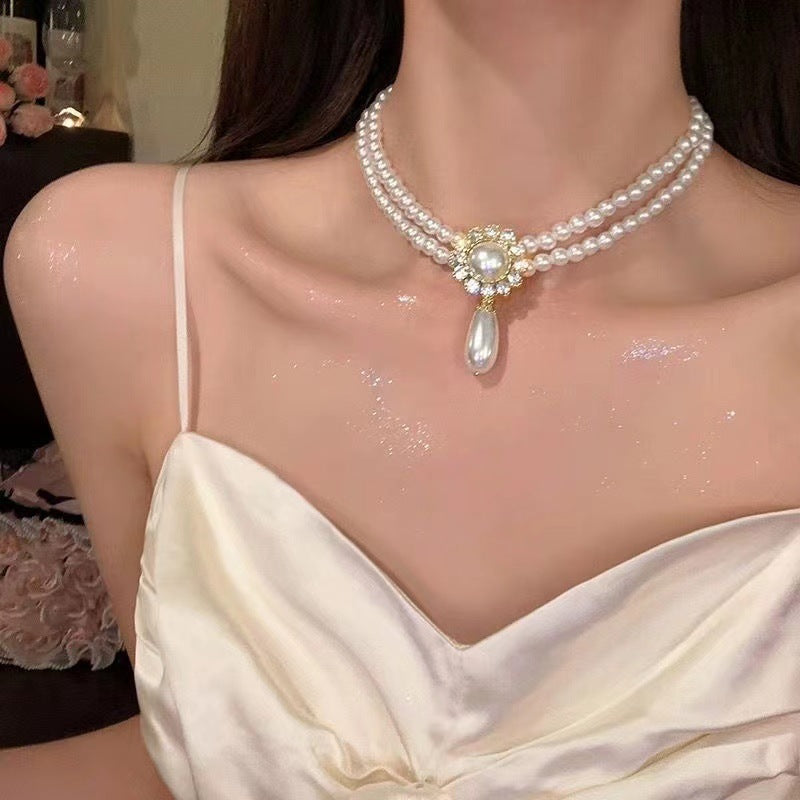French Multi-Layer Pearl and Rhinestone Necklace - view 3
