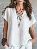 Spring-Summer Casual Linen Short Sleeve V-Neck Loose Shirt