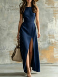 Minimalist Sleeveless Belted Slit Long Dress, Vacation Style
