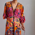 Women's Bohemian Vacation Lantern Sleeve V-Neck Waist-Tie Patchwork Dress + Long Skir - Red