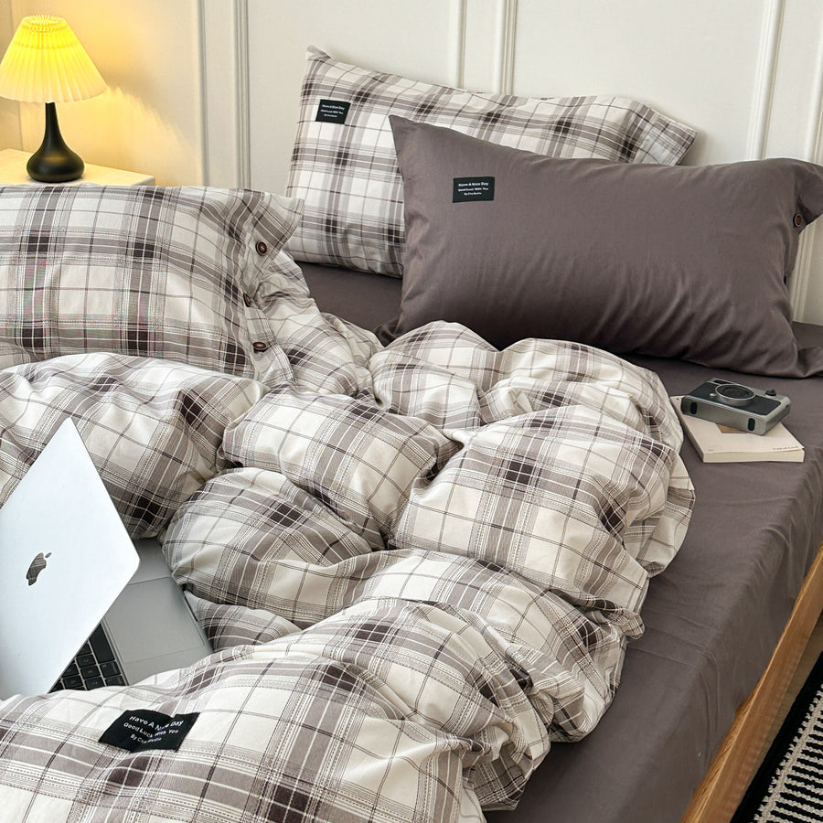 Cherry Soda Plaid Cotton 4-Piece Bedding Set with Button Closure - view 4