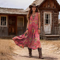 Retro Bohemian Print V-Neck Sleeveless Dress, 2026