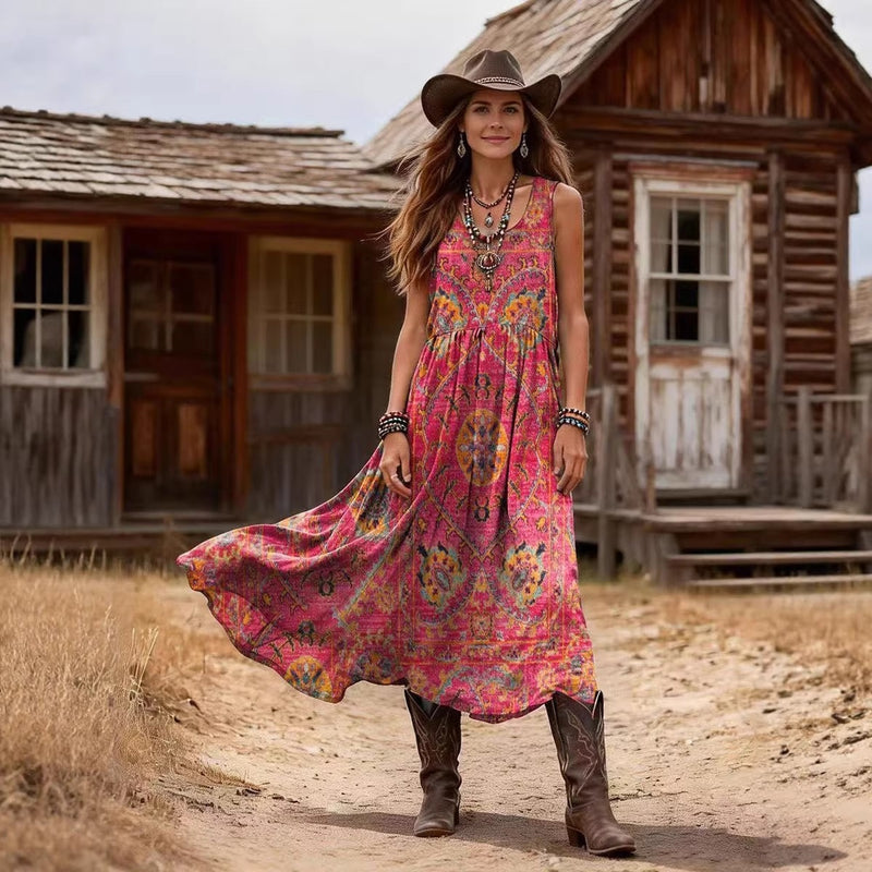 Retro Bohemian Print V-Neck Sleeveless Dress, 2026