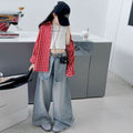Girls' Red Plaid Long Sleeve Shirt & Asymmetric Jeans - 3-Piece Set