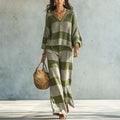 Vacation Retro Knit High Waist Striped Textured Color-Block Top 2-Piece Set