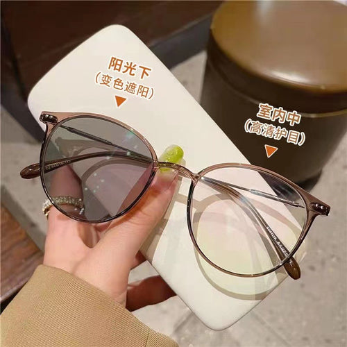 Light-Changing Prescription Glasses Overseas Blue-Light Glasses Fashionable Oval Round Bare Face Plano Influencer Prescription Sunglasses