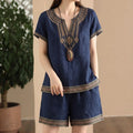 Women's Ethnic Vacation Embroidered Short Sleeve Shorts 2-Piece Set 2026 - Navy
