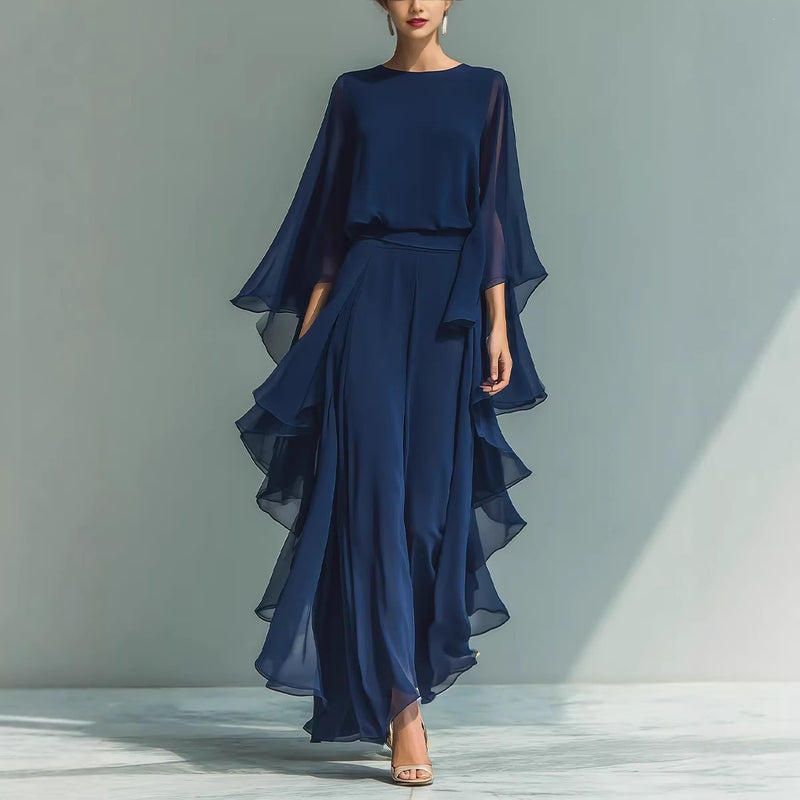 Chiffon Flared Sleeve Straight Leg Flared Pants + Top