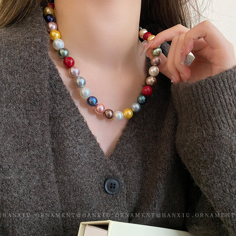 Colorful Beaded Round Pearl Necklace – Korean-Inspired Style - view 3