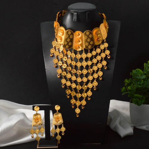 India Dubai Statement Accessory Bride Wedding Four Leaf Clover Net Form Fringe Necklace Earrings Set Middle East Jewelry