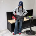 Girls' Plaid Spliced Long Sleeve Tee Crystal Jeans Set