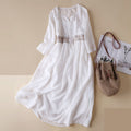 Cotton Ethnic Embroidered Crew Neck 3/4 Sleeve Mid-Length Dress