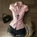 Summer Korean Elegant Short Sleeve Waist-Tie Fitted On-Shoulder Shirt
