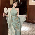 New Chinese Style Floral Halter Modified Cheongsam Dress Set