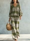 Vacation Retro Knit High Waist Striped Textured Color-Block Top 2-Piece Set