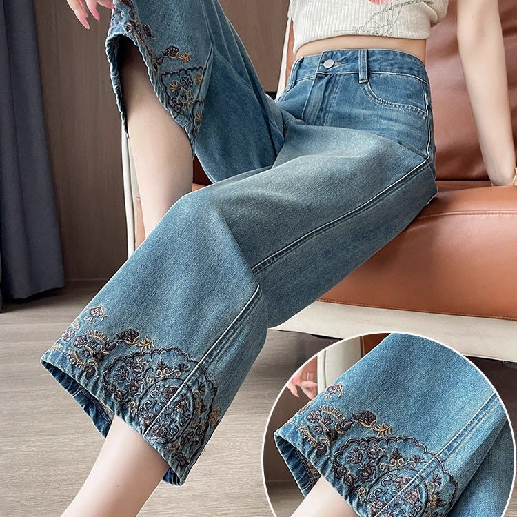 Fall Chinese Retro Embroidered High Waist Loose Straight Leg Wide Leg Pants + Pants