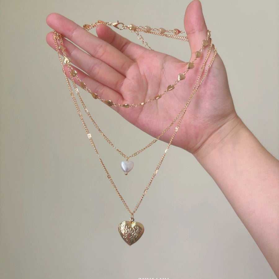Three-Layer Pearl Necklace with Heart Pendant - view 6