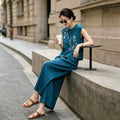 Women's New Chinese Old Money Jacquard Mesh Sleeveless Heavy Elastic Wide Leg Pants + - Blue