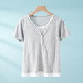 women's fake two-piece pajamas with breast pads, bra-free summer short-sleeved round neck pure cotto