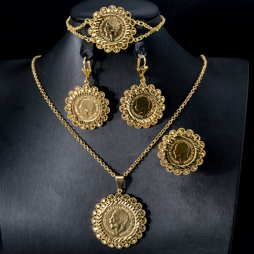 Overseas 18K Gold Light Luxury Niche Round Ring Lace Trim Necklace Bracelet Set Earrings Ring Versatile Women Jewelry Set