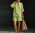 Summer Old Money Relaxed Linen Short Sleeve V-Neck Loose Wide Leg Pants + Top 2-Piece Set