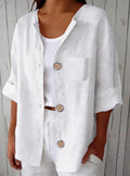 Women's Summer Retro Fashion Linen Cotton Short Sleeve Loose Cardigan + Shirt 2026 - Red
