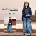 Girls' Striped Knit Cardigan & Crystal Jeans Set - Korean