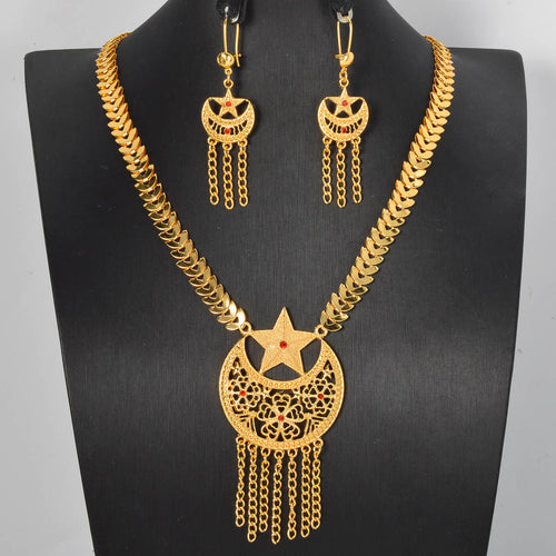 Luxury Dubai Bead Gem Jewelry Gold Plated Moon Star Cutout Necklace Earrings Set 2-Piece Set Fringe Overseas Accessory
