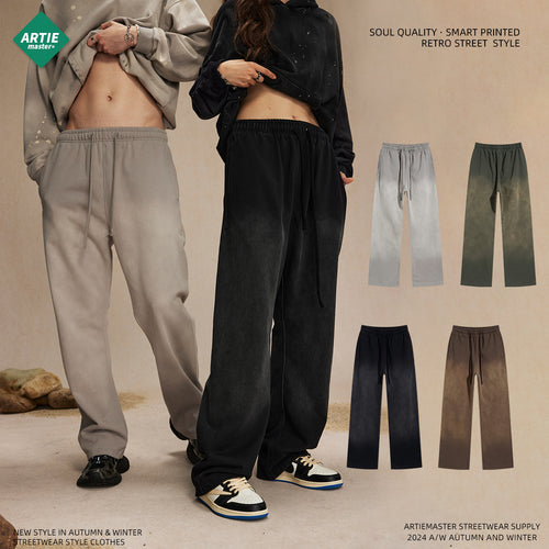 Men's Fall American Retro 450G Spray-Dye Distressed Washed Loose Fit Drawstring Sweatpants