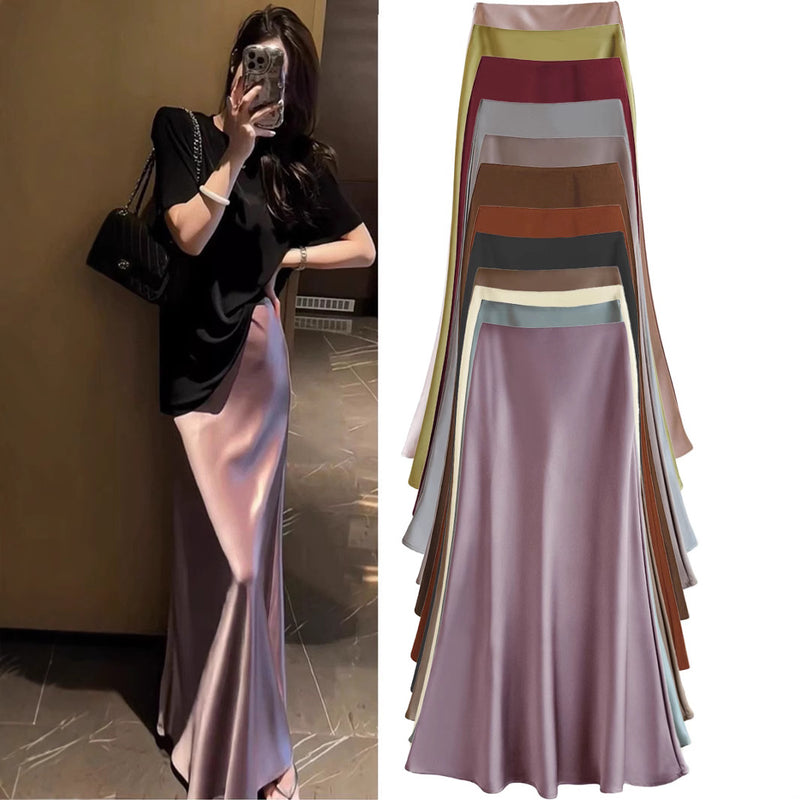 Fall French Elegant Satin High Waist Drapey Skirt
