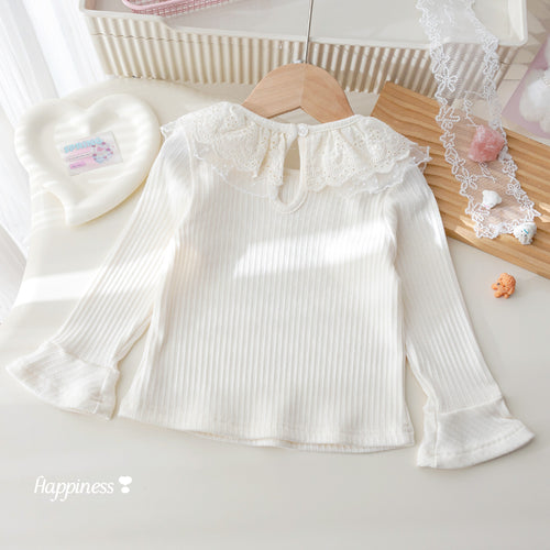 Girls' Cartoon Printed Lace Trim T-Shirt