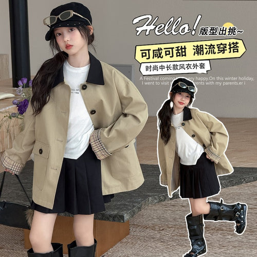 Girls' Plaid Lapel Mid-Length Windbreaker