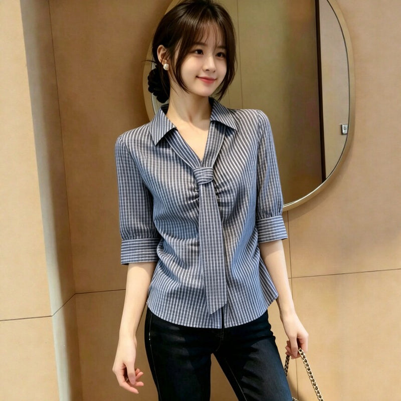 Fall Korean Elegant Striped Cropped Shirt