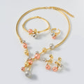 2025 Year Korean Fashionable 3 Color Round Bead Necklace Bracelet Set Earrings Ring Set Retro Accessory Long Sweater Chain