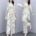 Summer Fashion Elegant Plus Size Chiffon Waist-Tie Loose Wide Leg Pants 2-Piece Set