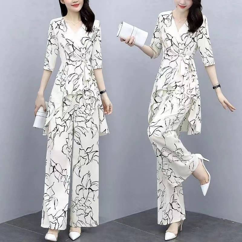 Summer Fashion Elegant Plus Size Chiffon Waist-Tie Loose Wide Leg Pants 2-Piece Set