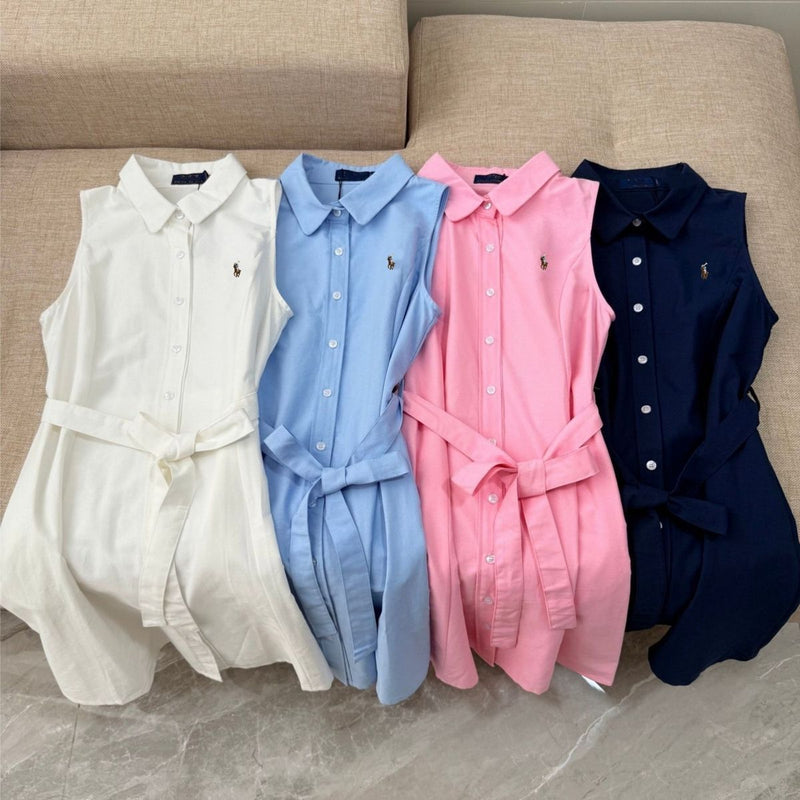 Sleeveless Collared Shirt Dress with Pony Embroidery, Fitted Mid-Length