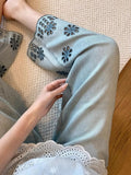 Fall Slimming Plus Size Tencel Embroidered High Waist Hollow-Out Lightweight Wide Leg Pants
