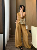 Summer Old Money Fashion Tencel Linen Sleeveless Wide Leg Pants + Vest 2-Piece Set