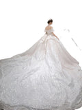 Off-Shoulder Luxury Wedding Gown - French Style Petite Bridal Dress with Train