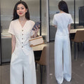 Summer Old Money Fashion Tencel Linen Sleeveless Wide Leg Pants + Vest 2-Piece Set