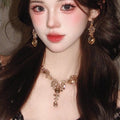 Banquet Luxury ~ Super Sparkle Rhinestone Geometric Flower Stud Earring Necklace Set Women Clavicle Chain Light Luxury Premium Necklace