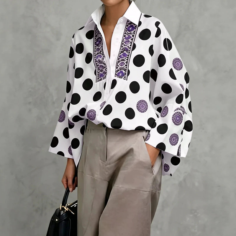 Fall French Fashion Long Sleeve Polka Dot Printed Loose Shirt