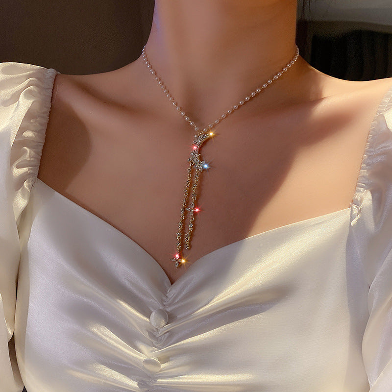 Vintage Pearl Rhinestone Tassel Choker Necklace - view 3