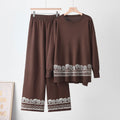 Women's Fall-Winter Ethnic Casual Crew Neck Pattern Wide Leg Pants + Top 2-Piece Set - Coffee